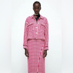 NEW- 2 PC Sets ZARA Textured Weave Houndstooth Skirt & Short Textured Overshirt